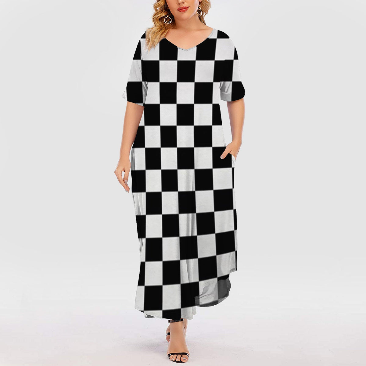 Checkerboard Short Sleeve Plus Size Maxi Dress | Plus Size Dress | Summer Dress